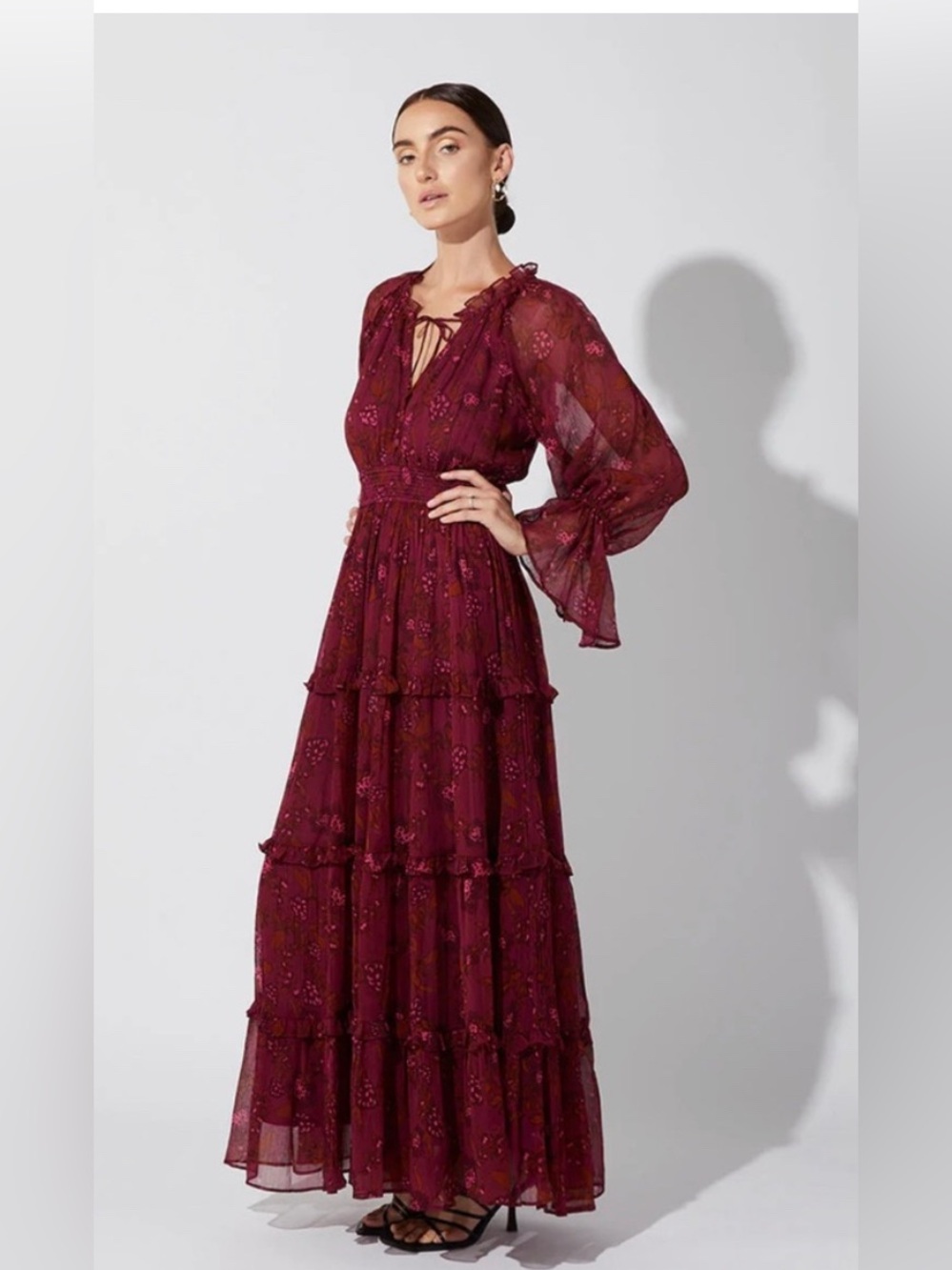 Cleobella Burgundy Floral Tiered Maxi Dress with Sheer Sleeves